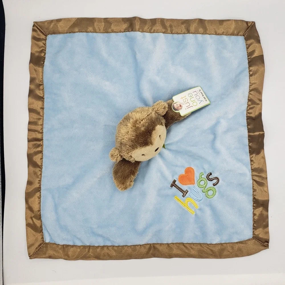 Carters Monkey Security Blanket I Love Hugs Rattle Blue Brown New‎ NWT
